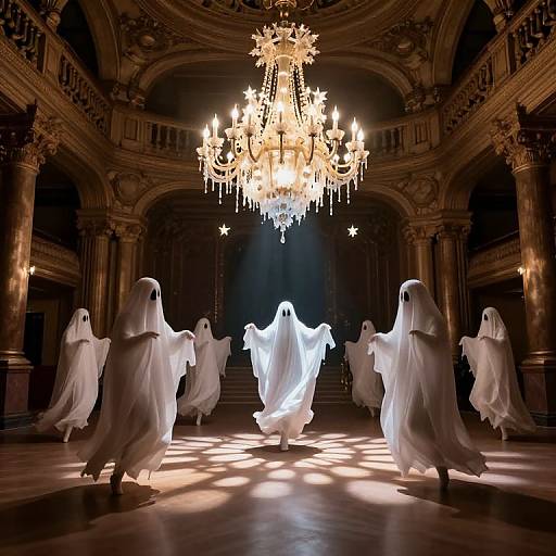 Photograph of six ghostly figures in white sheets dancing beneath a grand, lit chandelier in an opulent, dark, classical ballroom.
