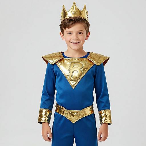 Photograph of a smiling young boy in a royal blue costume with gold crown, shoulder plates, and belt, standing against a white background.