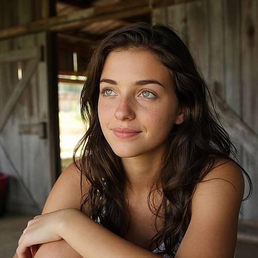 Photograph of a young woman with long dark brown hair, blue eyes, and freckles, smiling softly, arms crossed, in a rustic wooden
