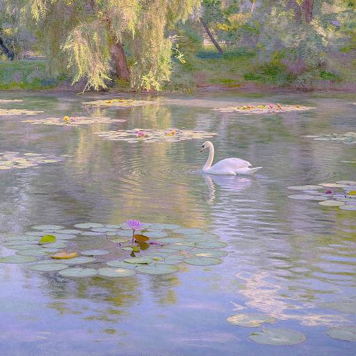 Photograph of a serene pond with a white swan, lily pads, and a single blooming purple water lily, surrounded by lush,