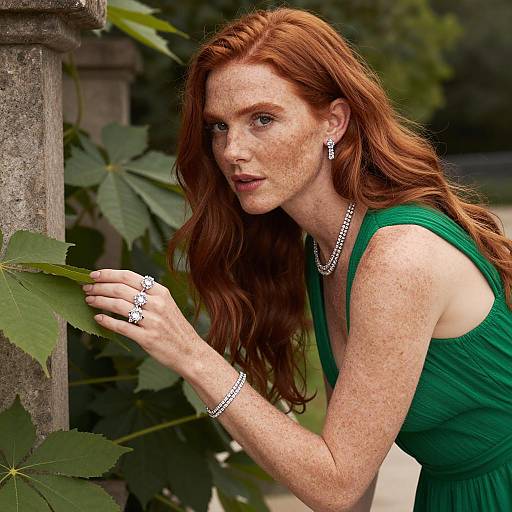 Redhead Woman Wearing Green Dress and Diamond Jewelry Outdoors