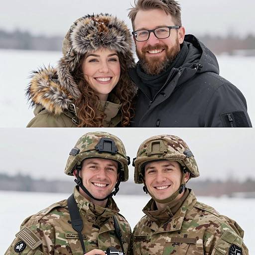 Winter Smiles: Couple and Soldiers Outdoors