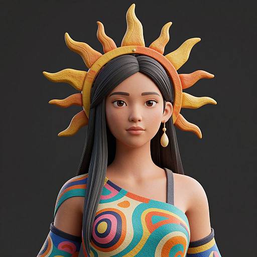 Digital portrait of an Asian woman with long black hair, wearing a colorful, one-shoulder dress and a yellow sun crown, against a black background