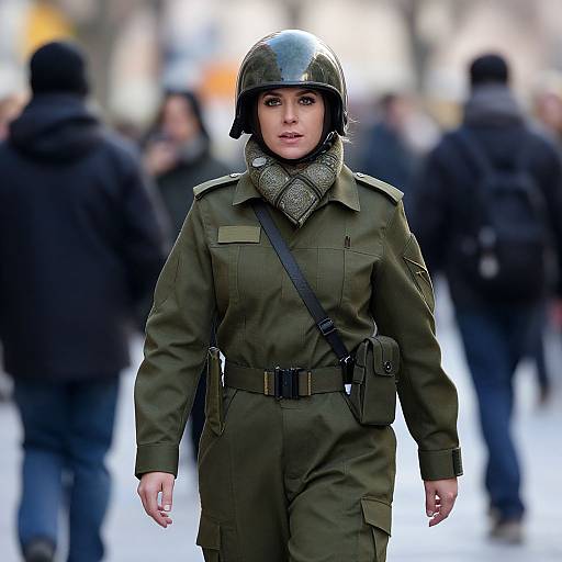 Photorealistic image of a young Asian woman in green military uniform, black helmet, and wool scarf, walking in a blurred, crowded winter street.