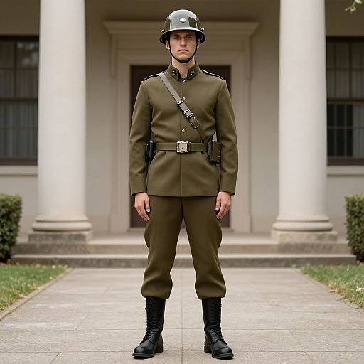 Photograph of a serious male soldier in green military uniform, black helmet, and boots, standing centered in front of a white-columned building.
