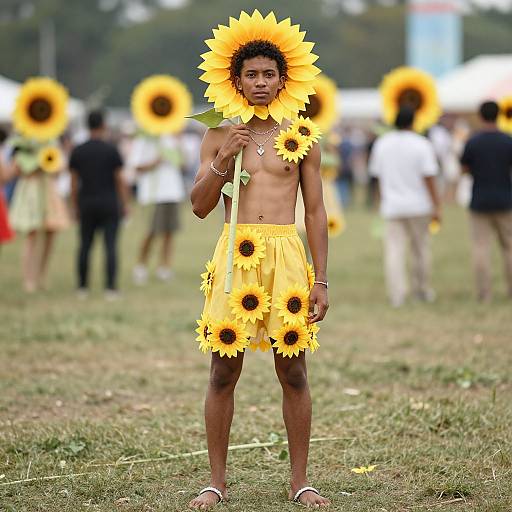 Photograph of a shirtless young man wearing a sunflower crown and yellow sunflower skirt, standing in a grassy field with blurred sunflower-c