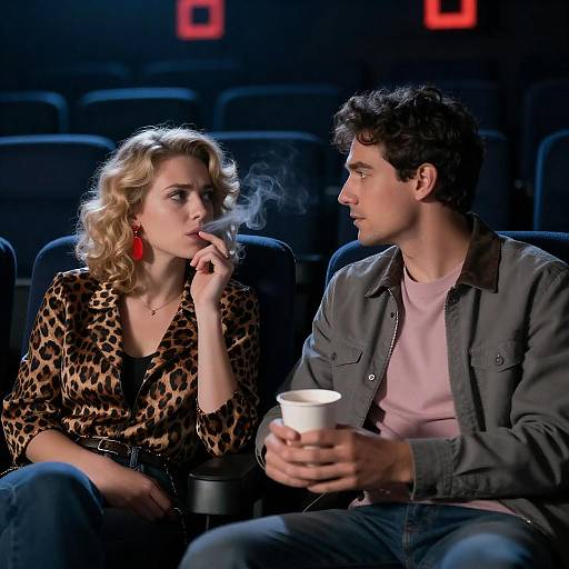 Intense Couple in Dim Movie Theater