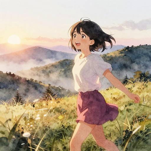 Anime-style digital drawing of a smiling girl with short black hair, wearing a white shirt and purple skirt, running in a sunlit, grassy me