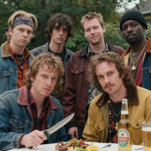 Intense Gathering of Five Men Outdoors