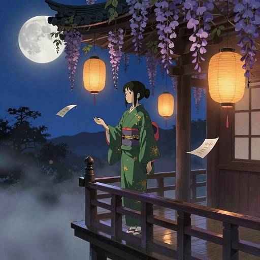 Mystical Woman on Temple Balcony at Moonlight