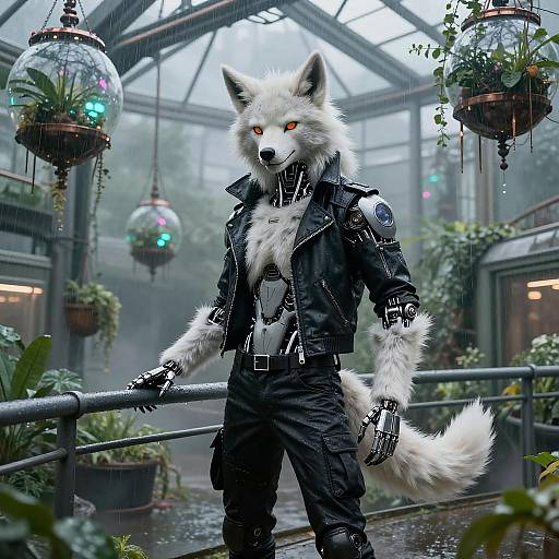 Alabaster Cyber-Coyote in Neon Greenhouse