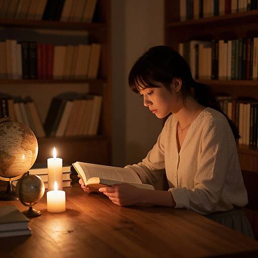 Candlelit Woman Reading by Bookshelves