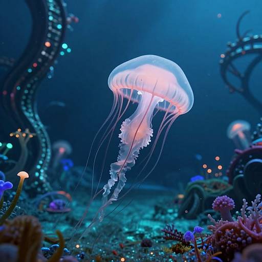 Photograph of a glowing, translucent jellyfish with pink-tinted bell and long, flowing tentacles, floating amidst a vibrant, underwater coral reef