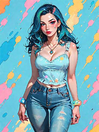 Stylish Woman with Blue Hair and Bohemian Outfit