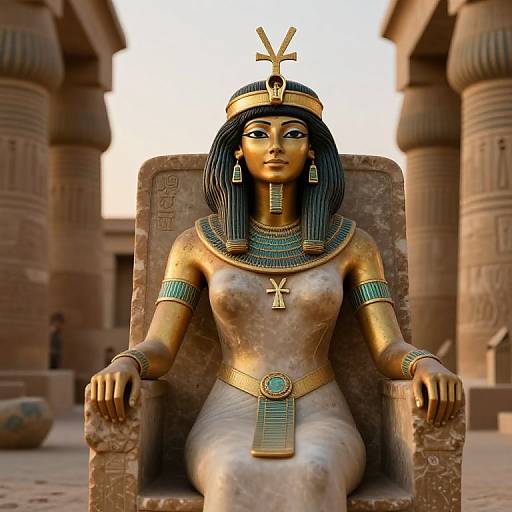 CGI image of an ancient Egyptian queen with dark skin, blue-black hair, gold headpiece, and white dress, seated on an ornate throne