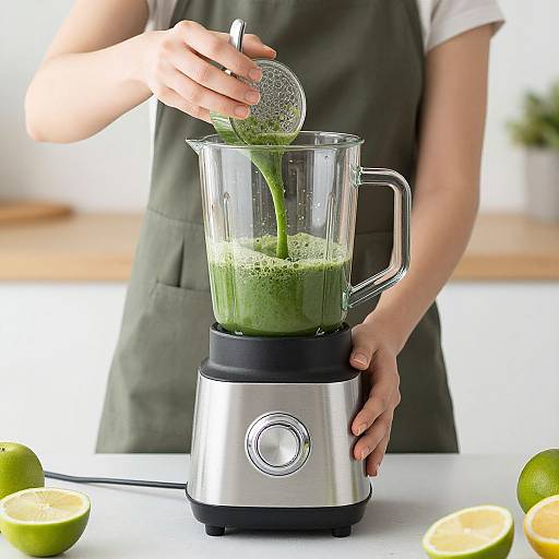Photograph of a person in a green apron blending green smoothie in a silver blender, with halved limes on a white countertop.