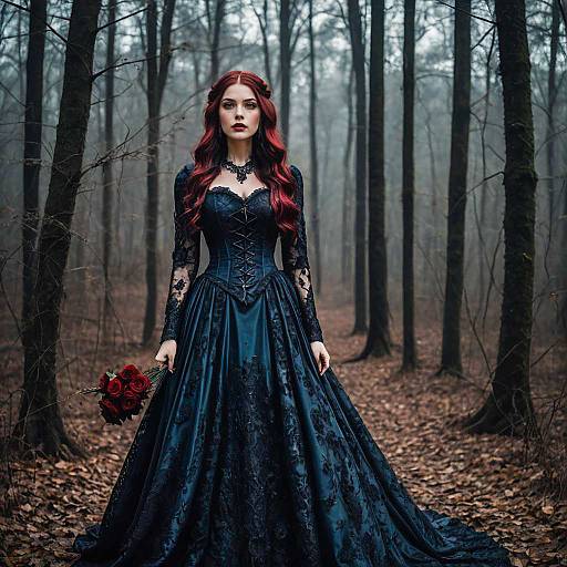 Gothic Woman in Dark Lace Dress Holding Red Roses