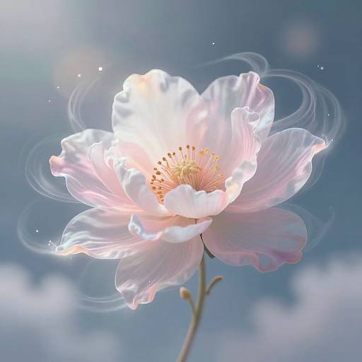 Photograph of a delicate, ethereal white cherry blossom with soft pink hues, glowing against a bright blue sky with subtle clouds. Light swirls surround