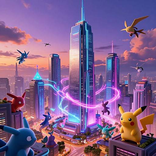 Futuristic Cityscape with Mysterious Creatures