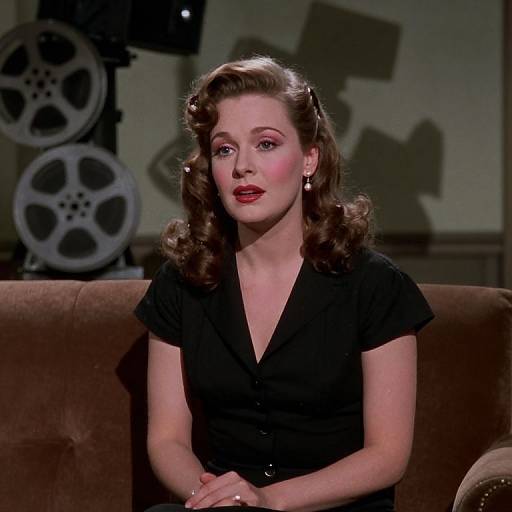 Photograph of a 1950s-style woman with curled brown hair, red lipstick, and black dress, seated on a brown sofa, with film