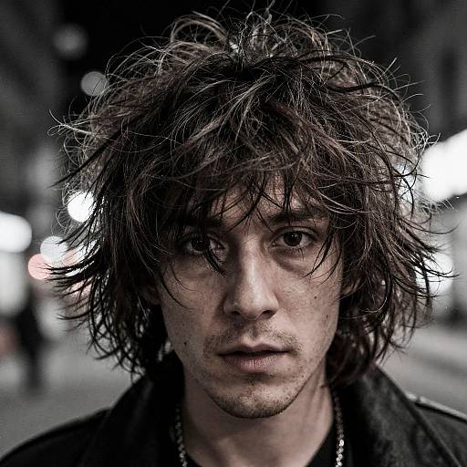 Close-up photograph of a disheveled, dark-haired young man with intense eyes, wearing a dark jacket, against a blurred urban night background.