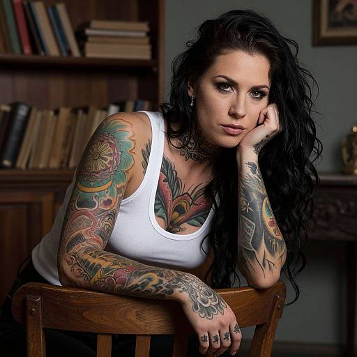 Portrait of Tattooed Woman in Rustic Room