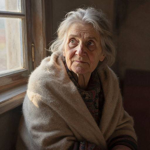 Photograph of an elderly woman with silver hair, wrinkled skin, and deep-set eyes, wrapped in a beige blanket, sitting by a sunlit