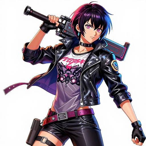 Anime-style digital drawing of a black-haired, purple-eyed, androgynous character in a black leather jacket, white graphic tee, and shorts,