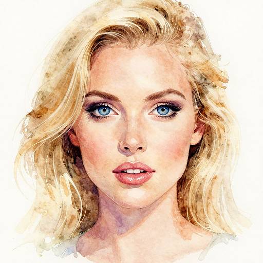 Watercolor portrait of a blonde woman with blue eyes, fair skin, and pink lips, featuring soft, wavy hair and a neutral expression.