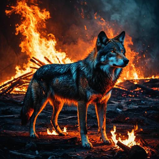 Wolf Standing in Fiery Smouldering Wasteland Wolf Standing in Fiery Smouldering Wasteland