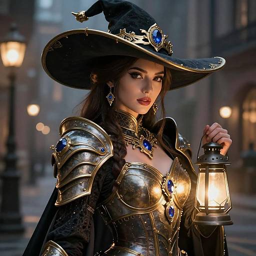 Elegant Sorceress in a Lantern-Lit City