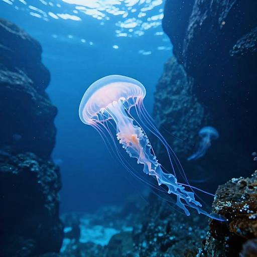 Photograph of a glowing blue and white jellyfish with long, flowing tentacles, floating amidst dark, rocky coral formations underwater.