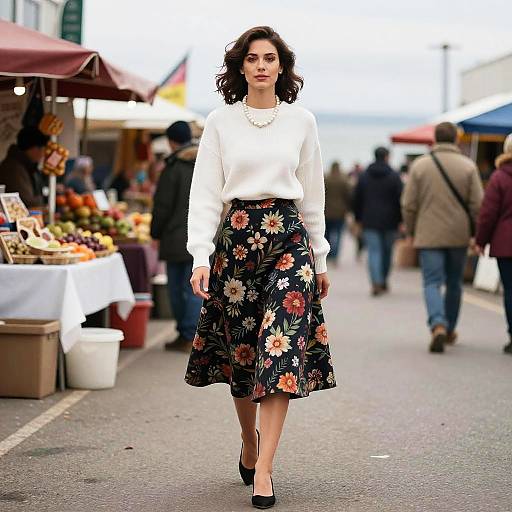 Photograph of a stylish woman with curly dark hair, wearing a white long-sleeve top, floral black skirt, and black heels, walking down