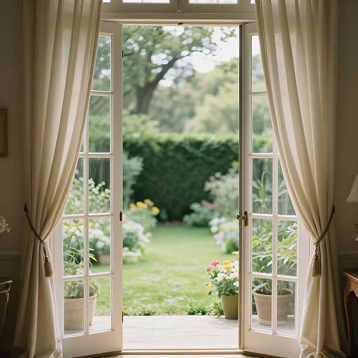 Photograph of an open white-framed glass door, flanked by beige curtains, revealing a sunlit, lush green garden outside.