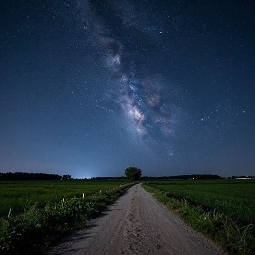 Photograph of a dirt road leading to a solitary tree under a star-filled, Milky Way-lit night sky over green fields.