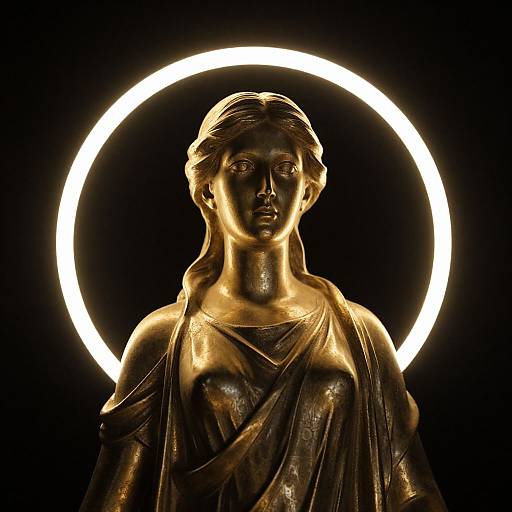 Photograph of a bronze statue of a serene woman with classical draped clothing, illuminated by a bright circular light ring against a black background.