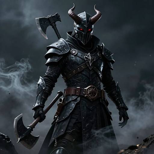 Digital illustration of a dark, armored demon warrior with glowing red eyes, horned helmet, and two large axes, standing amid smoky, stormy