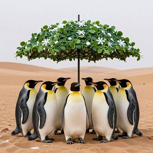 Photograph of seven King penguins standing under a small, leafy tree in a sandy desert, with their distinctive black and white plumage and yellow