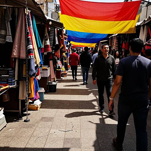 Photograph of a busy street market with people walking under large red, yellow, and blue flags, surrounded by colorful clothing stalls.