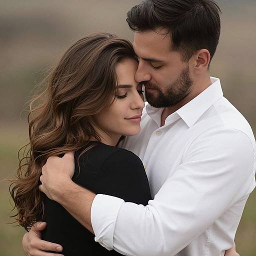 Photograph of a brown-haired woman in a black top and a bearded man with dark hair in a white shirt, intimately embracing outdoors with blurred green