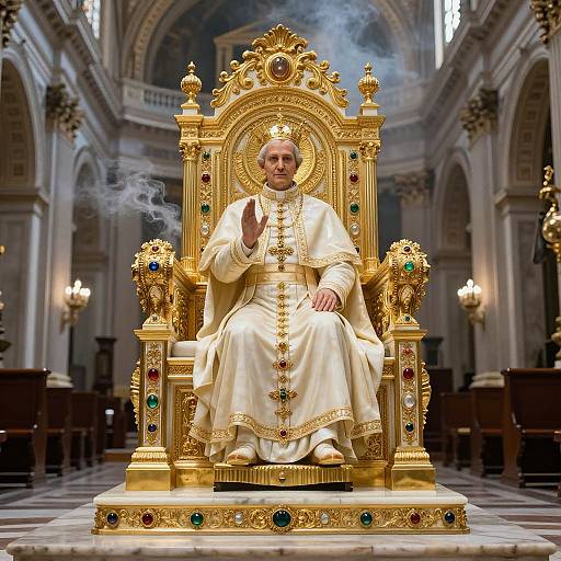 Photograph of elderly Pope sitting on ornate, gold throne with colorful jewels, raising right hand, in smoke-filled, grand cathedral.