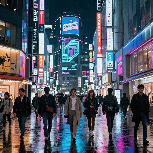 Nighttime photograph of a bustling urban street in Japan, neon signs illuminating wet pavement, diverse crowd of people walking, vibrant colors, reflective surfaces.
