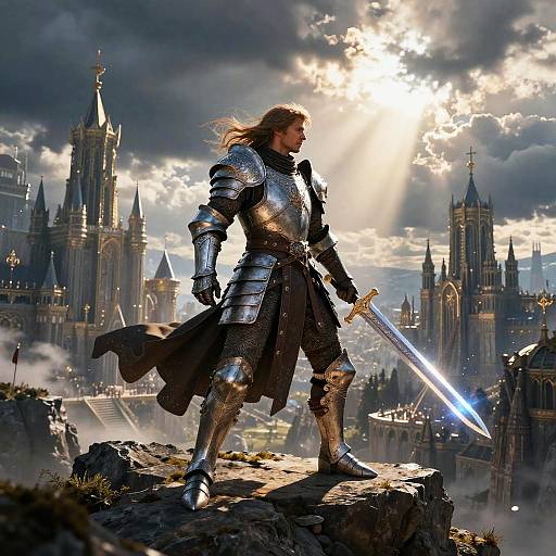 Fantasy Warrior on Rocky Cliff