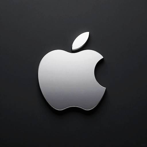 Photograph of a sleek, white, glossy Apple logo with a small leaf above the bite mark, centered on a dark blue-black background.