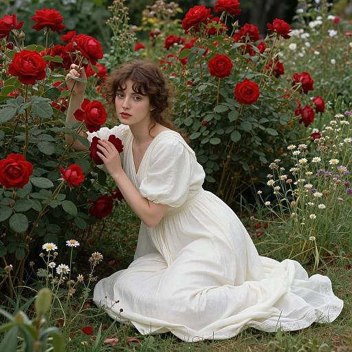 Woman in White amidst Vibrant Roses