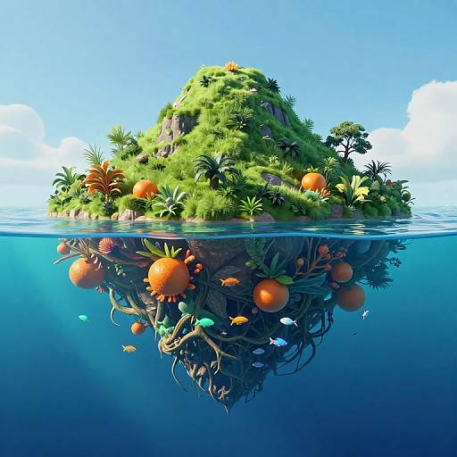 Surreal Floating Island with Underwater Fruits