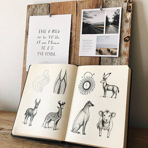Open sketchbook with black ink animal illustrations, sun, and text, pinned to rustic wooden background, with small landscape photos above.