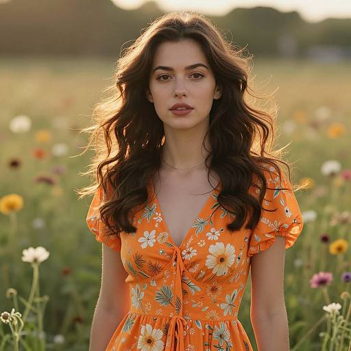 Photograph of a young woman with long, wavy brown hair, wearing an orange floral dress, standing in a sunlit meadow with colorful flowers