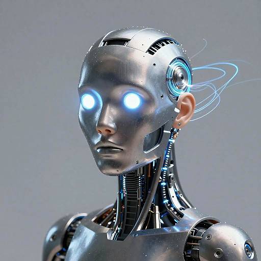 Photorealistic CGI of a shiny, silver humanoid robot with glowing blue eyes and intricate internal wiring, set against a gradient gray background.