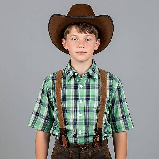 Photograph of a young boy with light skin, brown hair, wearing a brown cowboy hat, green plaid shirt, brown suspenders, and dark